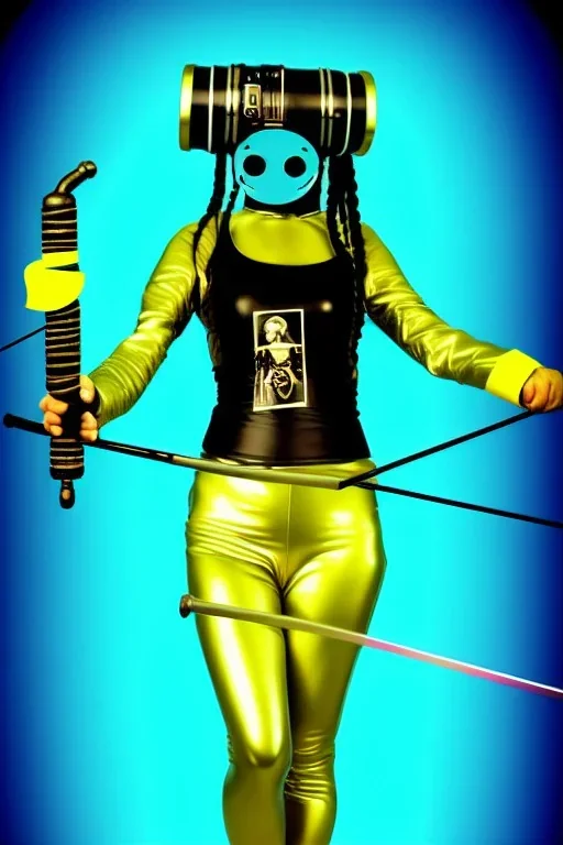 Cyan photograph Cyber-punk girl random mask, old AKG-style big headphones, golden rings & disc. Fencing mask. Rasta. Kill Bill, steel sword, Hattori Hanso. thick tights, thick calves. old-fashioned camera lenses. Ancient artifact attached to perfect body, Electronic circuits, device, laser. 5-dimensional Escher tiling background. Daft Punk, Tron Movie. Matrix movie clothes, tippet. Cyan latex. Wicked sneakers. 1990's. An old telephone microphone as mouth. Minimalism, fashion Haute Couture