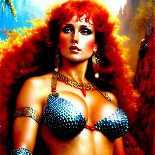 Drawing of beautiful face,'beautiful ,Busty Red Sonja',intense stare, ancient skintight armor, balanciaga fashion clothe painting by gaston bussiere, greg rutkowski, yoji shinkawa, yoshitaka amano, tsutomu nihei, donato giancola, tim hildebrandt, Oil on canvas, cinematic composition, extreme detail,fit full head inside picture,16k