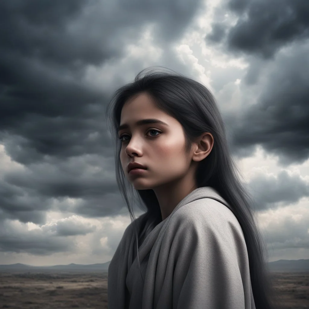 Hyper Realistic Sad Pushto Girl with cloudy sky & dramatic ambiance