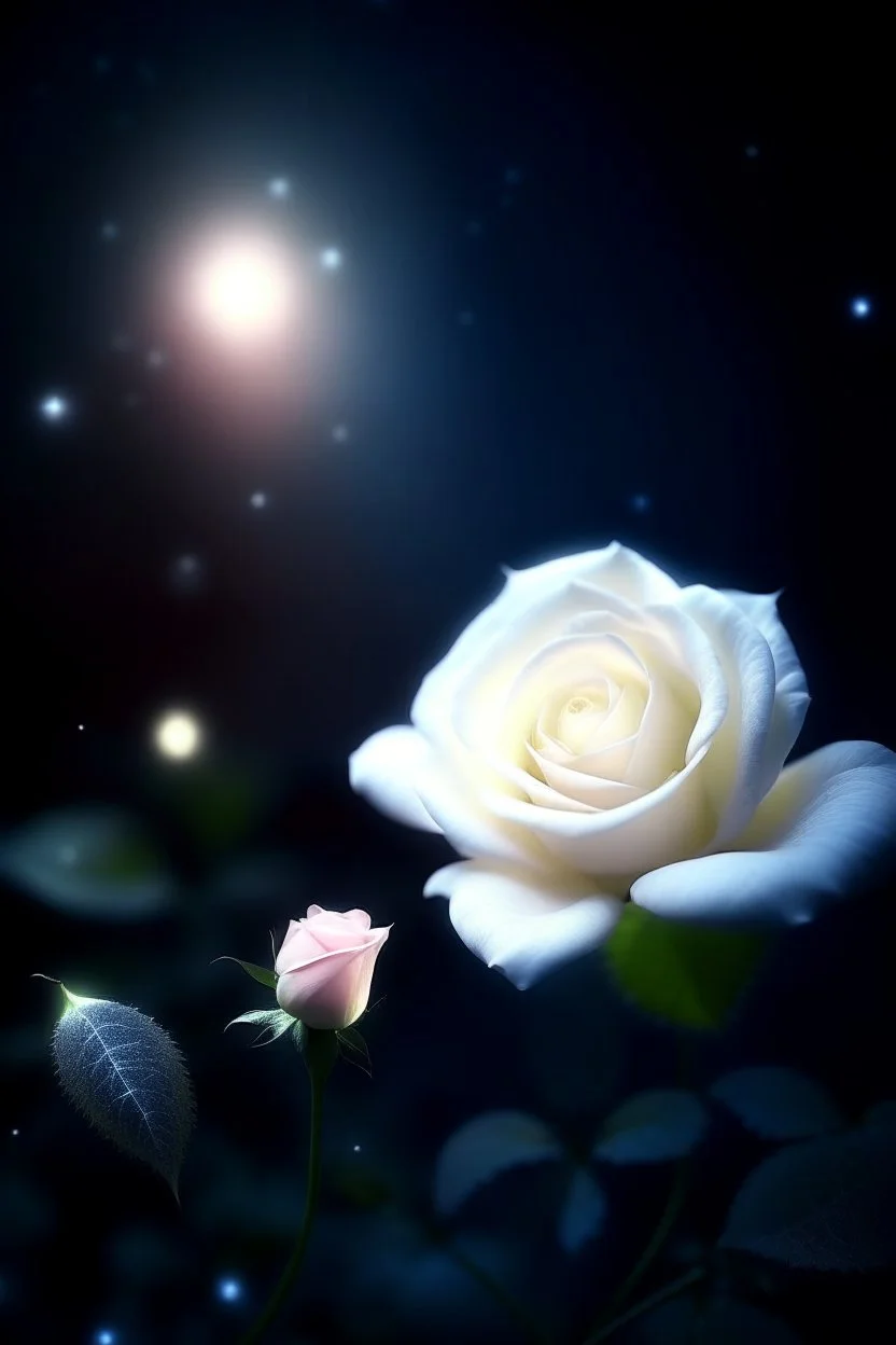 delicate whate rose, night, bright stars, shine magic