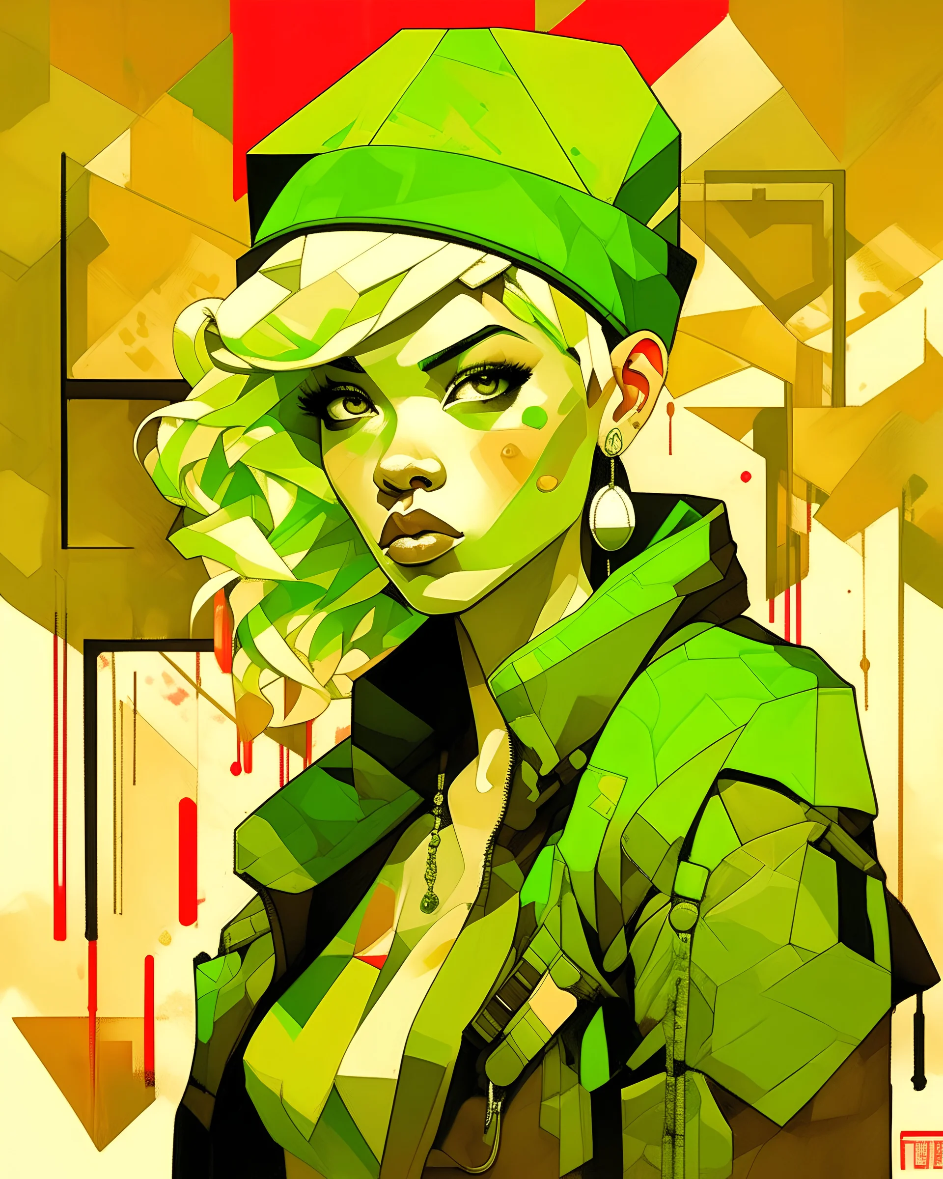 abstract 1998 european blond hiphop girl by sachin teng x supreme, attractive, stylish, designer, green, asymmetrical, geometric shapes, graffiti, street art