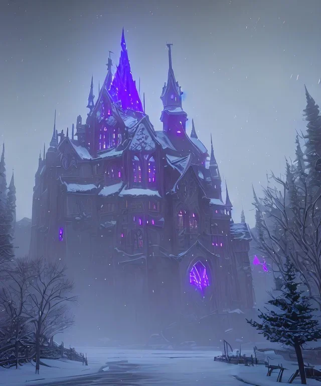 A magical snowy warlock gothic castle with river canals and a large Christmas tree