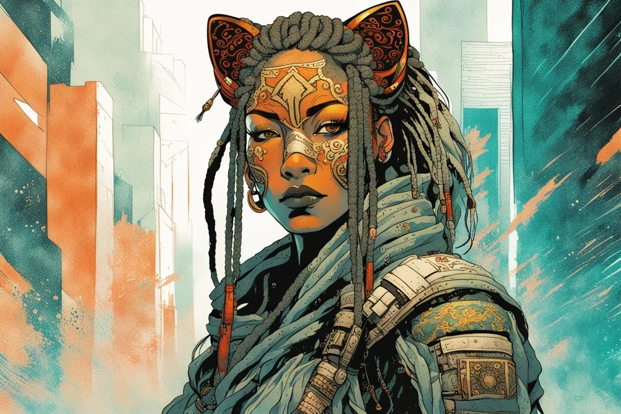 front facing portrait illustration of a grunge armored female , beaded dreadlock hair, cyberpunk vampire mercenary wearing an ancient ornate japanese kitsune mask , and shemagh, highly detailed with gritty post apocalyptic textures, caught in a cosmic maelstrom of swirling gases , finely detailed facial features and hair, in the graphic novel style of Bill Sienkiewicz, and Jean Giraud Moebius, ink wash and watercolor with realistic light and shadow