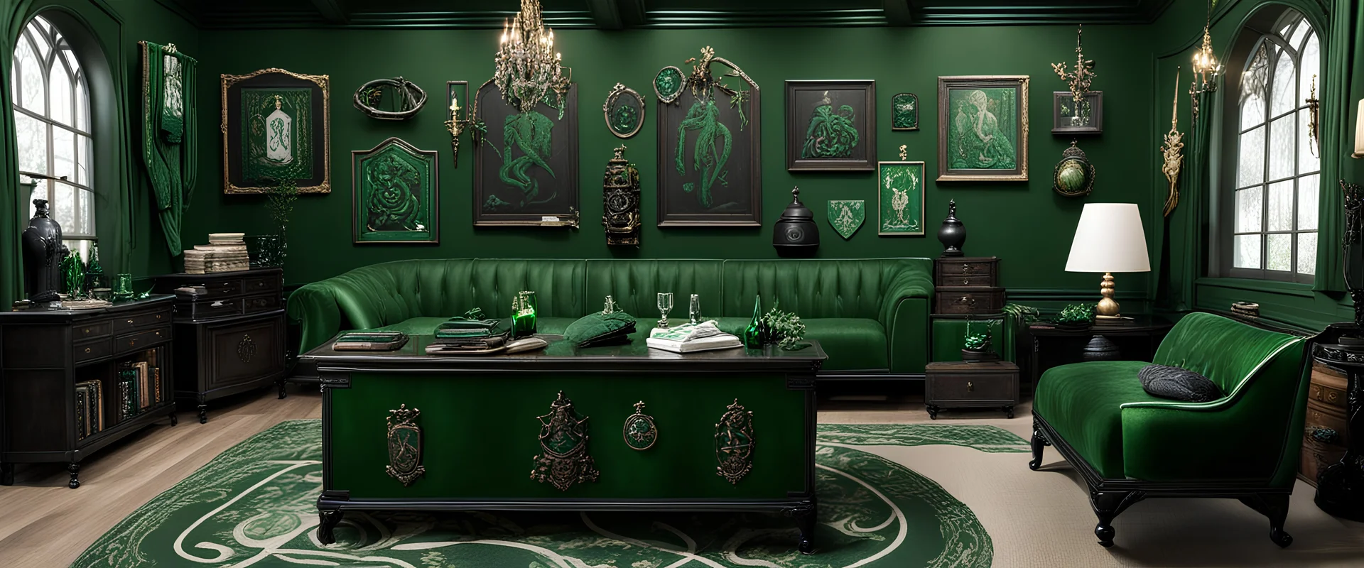 slytherin room, a lot of accessories, not too saturated