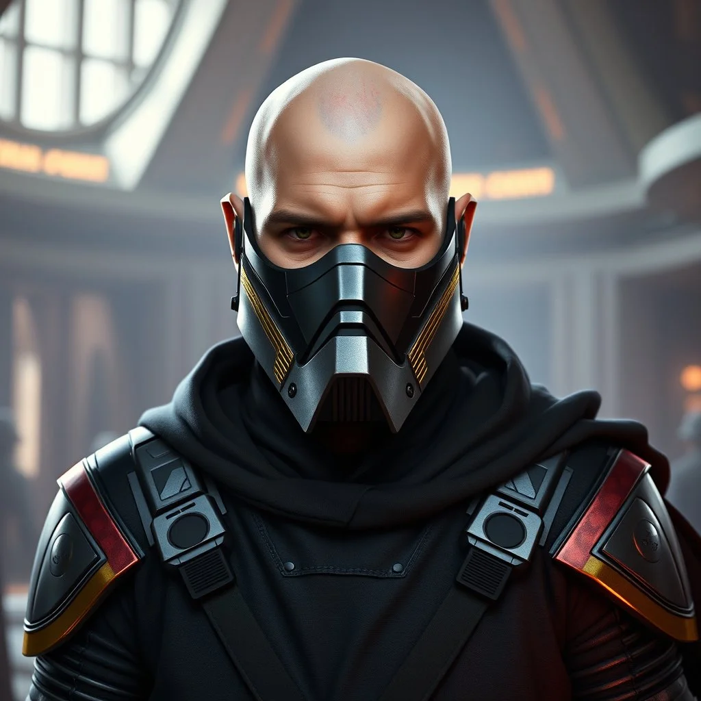 star wars bald male corellian jedi wearing gunmetal grey and black old republic armored flightsuit and breath mask with gold and metallic red trim inside the jedi temple, centered head and shoulders portrait, hyperdetailed, dynamic lighting, hyperdetailed background, 8k resolution, volumetric lighting, light skin, fully symmetric details