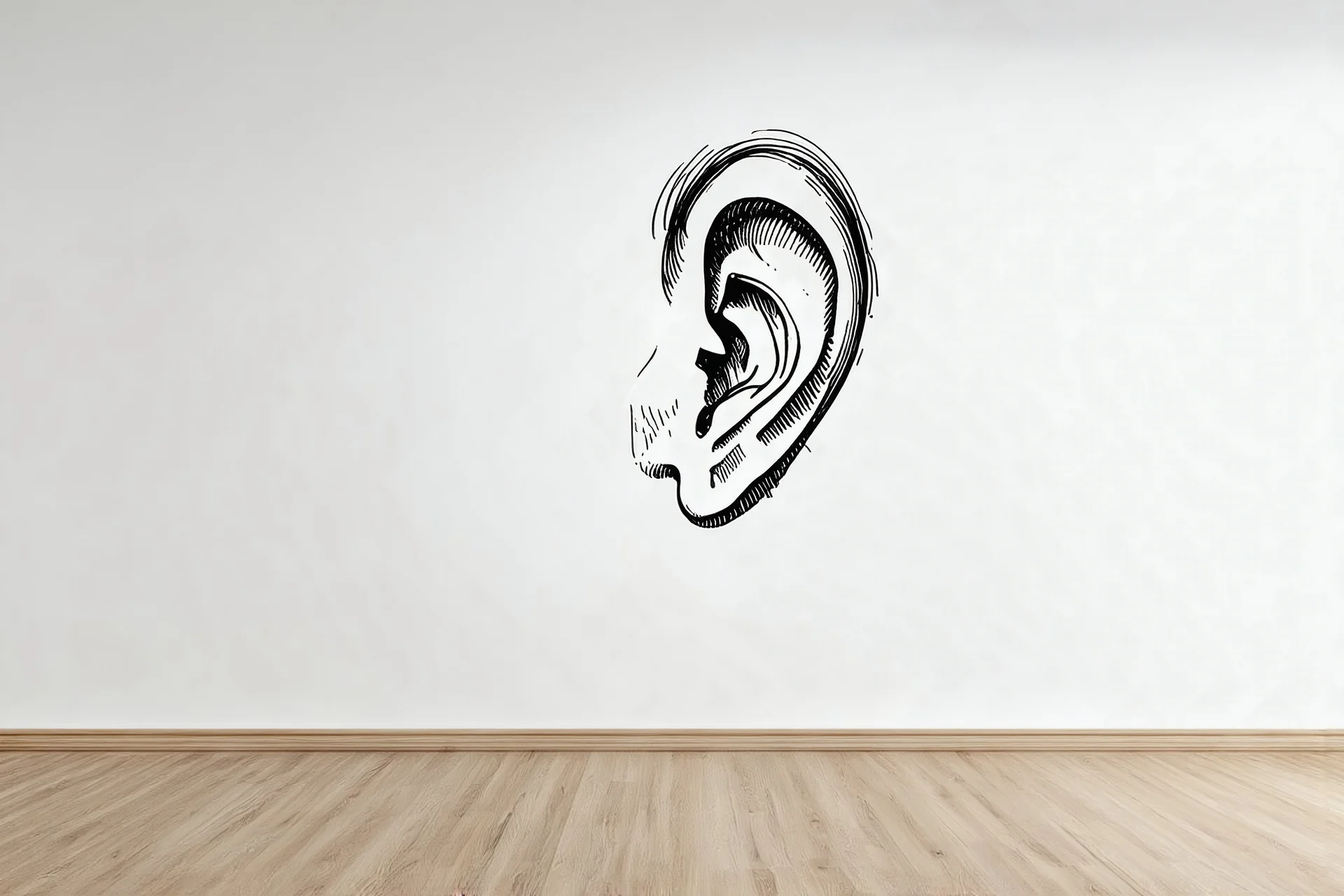 Human ear drawn on the wall, in an empty white room
