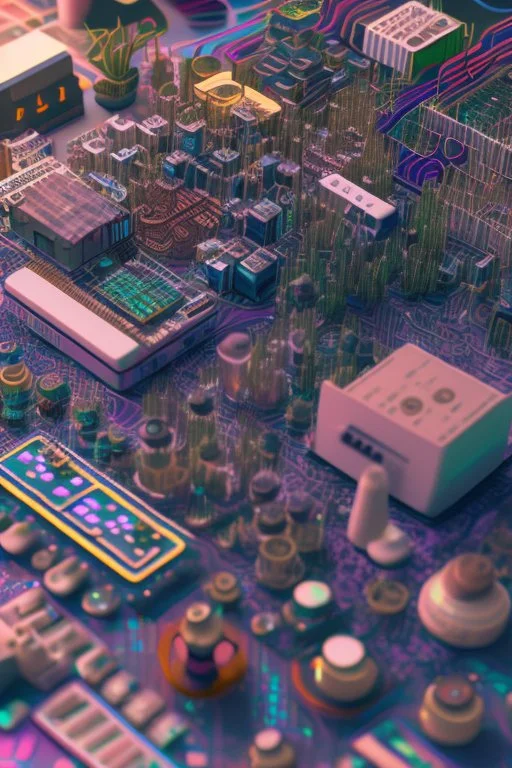 microscopic community living on a circuitboard:: hyperrealisitc circuitboard:: 8k