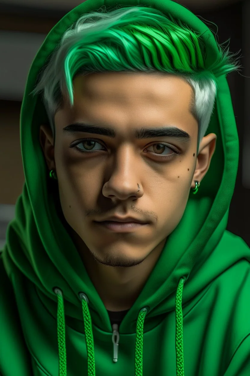 Young man with green hair wearing a hoodie