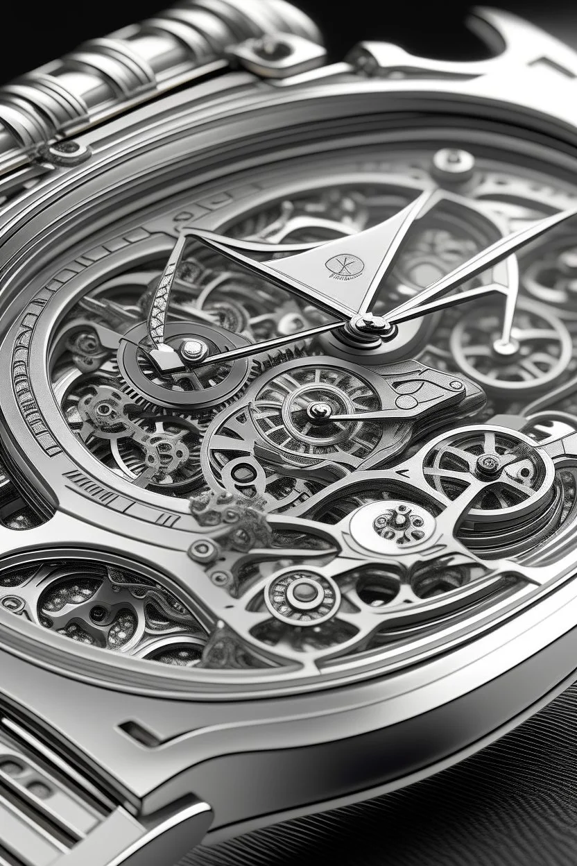 Produce a lifelike depiction of a silver AP watch, with a focus on the cog-like intricacies of its design, symbolizing the unwavering stability required for a mid-journey expedition."