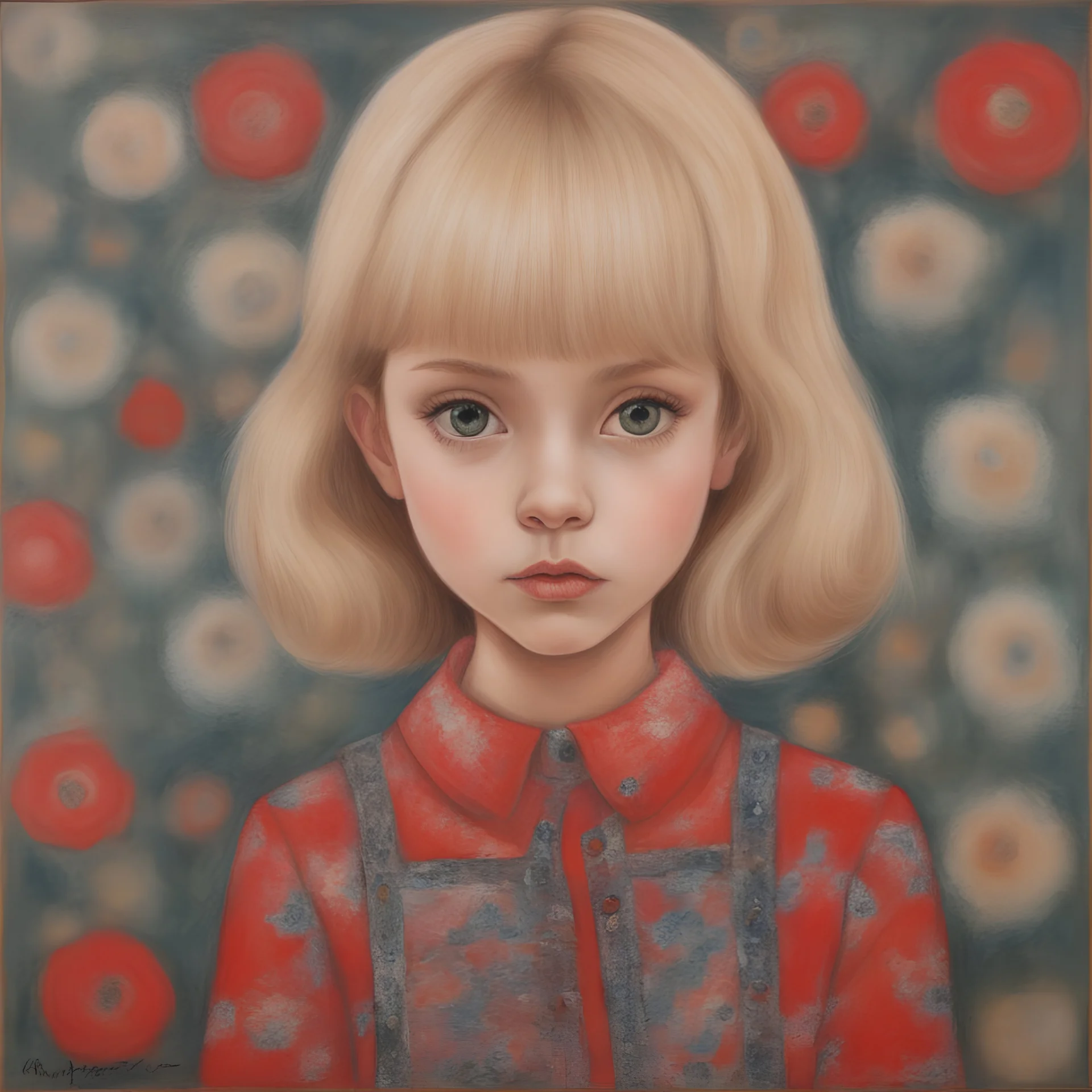 Young girl in red in the style of Margaret Keane