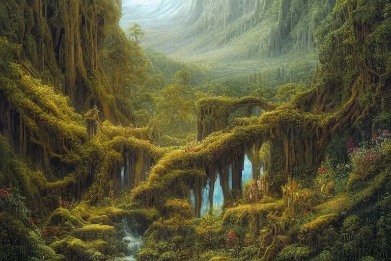 A beautiful and highly detailed oil painting of a secret valley deep in the mountains, ancient trees, lush plant growth, tall grass, flowers, intricate details, epic scale, insanely complex, rivendell, 8 k, sharp focus, hyper realism, fantasy landscape, psychedelic, by caspar friedrich and brian froud