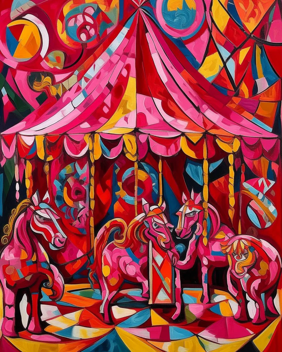 A magenta circus covered in paint in cubism art style designed in Australian aboriginal art painted by Vincent van Gogh