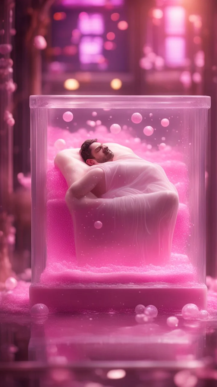 full body portrait of soap star sleeping in a sarcophagus filled with transparent pink liquid,bokeh like f/0.8, tilt-shift lens 8k, high detail, smooth render, down-light, unreal engine, prize winning