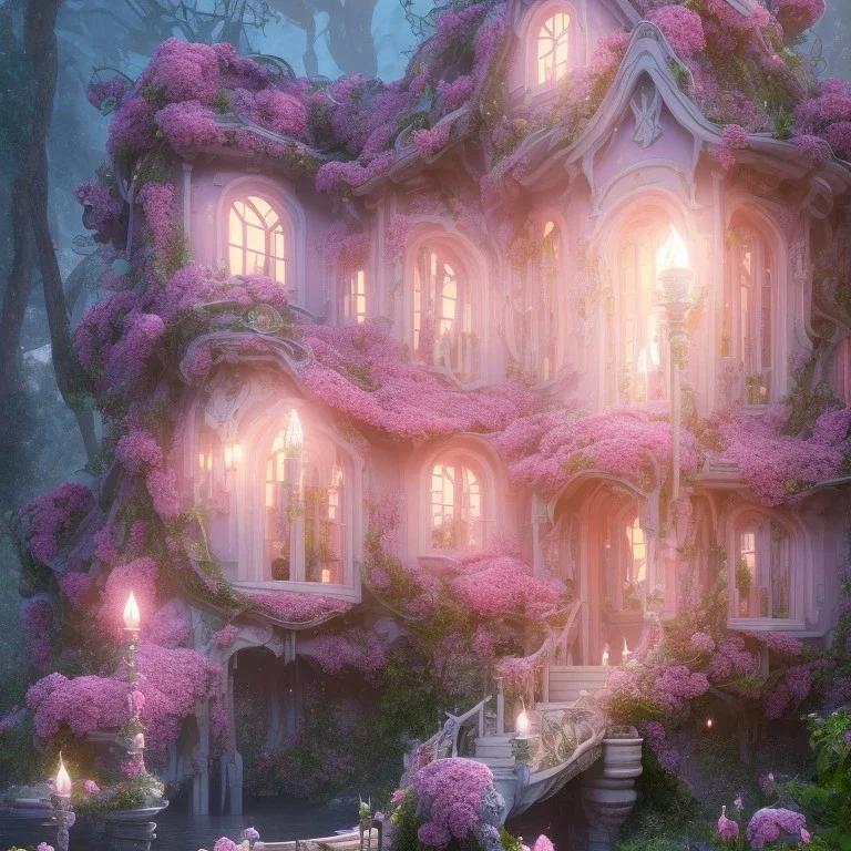 a magical flower pink roses house in the woods, pink vertical, blue lake,sharp, vines, candlelit, endor, ornate, elegant, highly detailed, artstation, concept art, smooth, sharp focus, illustration, 8k, splash art, wallpaper, key visual