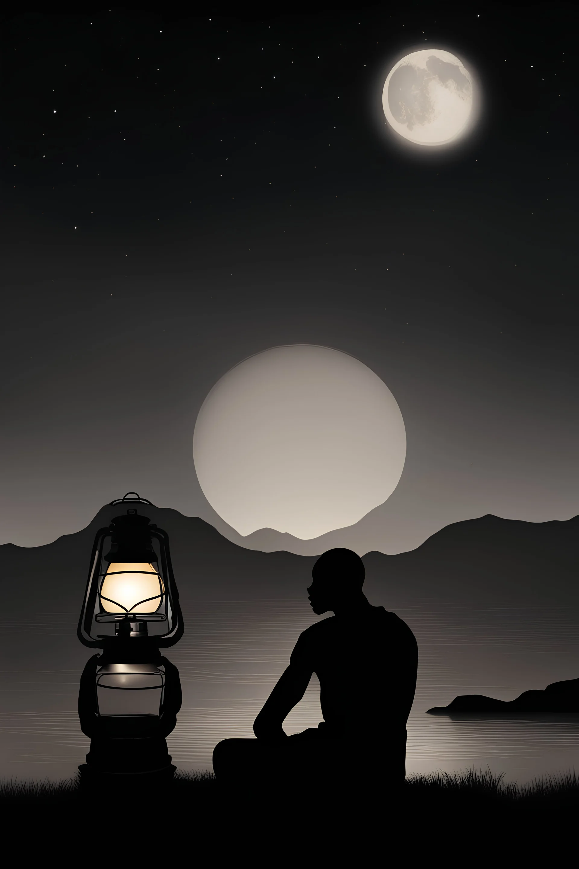 imagine a silhouette of an African man sitting while facing the horizon at the background. Beside him on his right is a lit lantern. He is facing the horizon where the moon has risen and stars are seen from far.