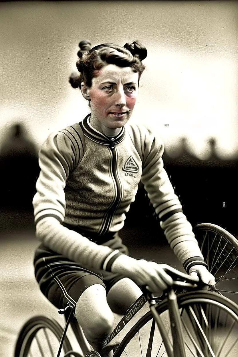 **Background:** Evelyn Wainwright was once a renowned bicycle racer in the 1920s, known for her speed and agility on two wheels. She competed in prestigious races across the United States, winning fame and admiration for her talents. **Appearance:** She has a lean, athletic build, a testament to her years of cycling. Her short-cropped hair, worn for aerodynamics during races, gives her a distinctive and androgynous look. portrait, photo-realistic, shot on Hasselblad h6d-400c, zeiss prime lens,