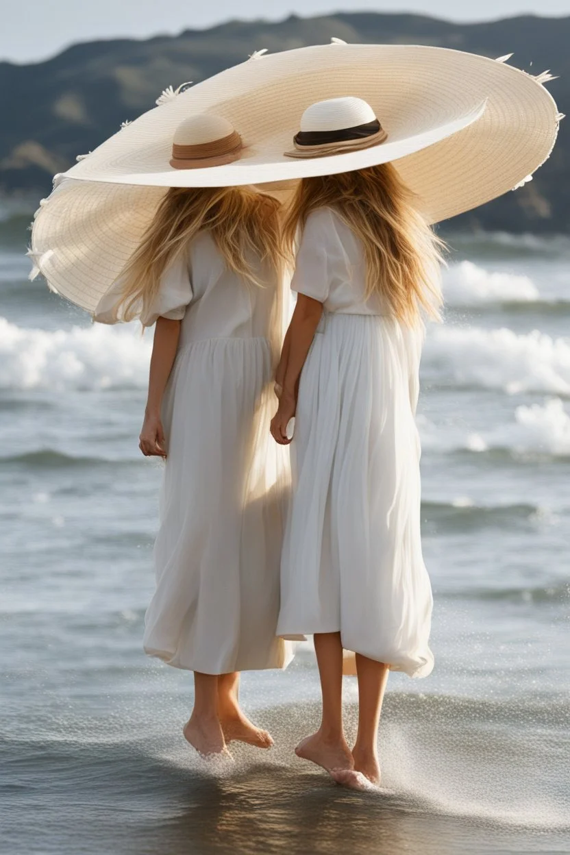 ((Mary-Kate and Ashley Olsen a warm hug)),Her laughter floats harmoniously with the sound of seagulls, infusing the air with a joyful melody. A vivacious energy radiates from her as she gracefully adjusts her oversized sun hat, casting a charming shadow on her sun-kissed face. The rhythmic crashing of waves seems to echo her carefree spirit.