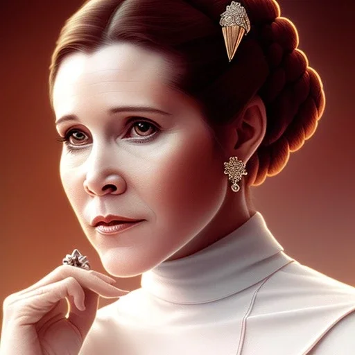 extremely detailed 8k hyperspace wallpaper,complete and photo realistic detailed head to waist stunning photo realistic portrait of carrie fisher as Princess Leia in star wars with photo realistic fine and simple hairstyle, brown eyes, professional majestic photo realistic painting by Ed Blinkey, Atey Ghailan, by Jeremy Mann, Greg Manchess, Antonio Moro, trending on ArtStation, Intricate, High Detail, Sharp focus, dramatic, by greg rutkowski, realism, beautiful and detailed lighting,