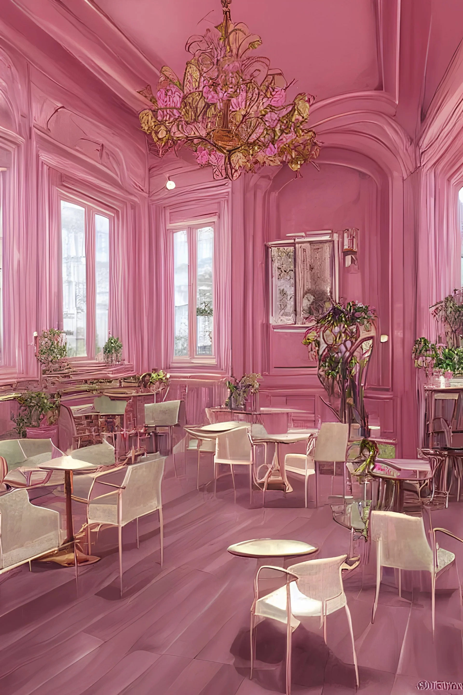 A beautiful cafe, art by jorge pardo, photorealistic, pinkish color, meditative vibe, ornate, wide view