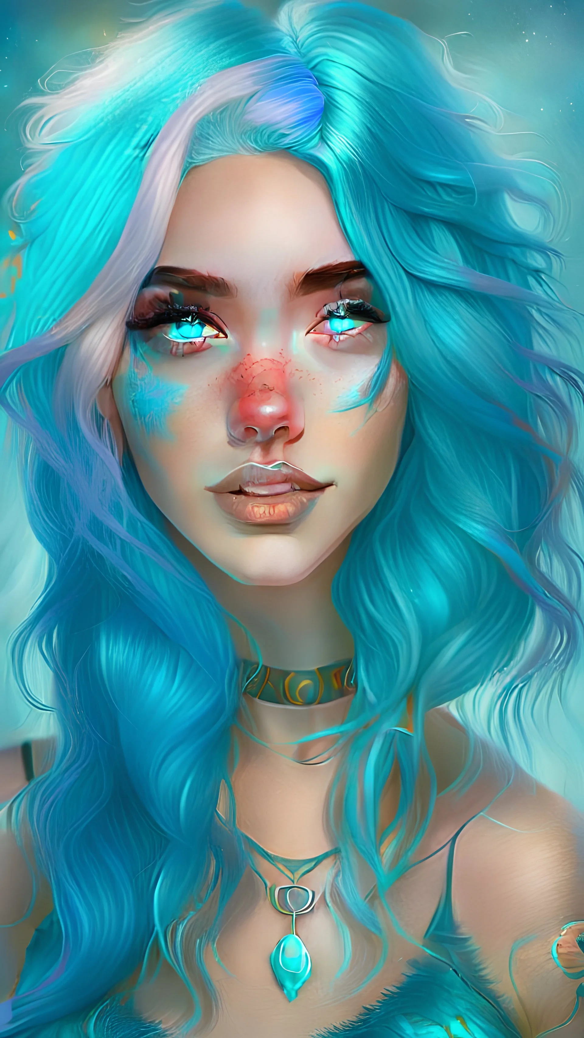 half body portrait, Realistic, beautiful fantasy woman, turquoise hair and eyes