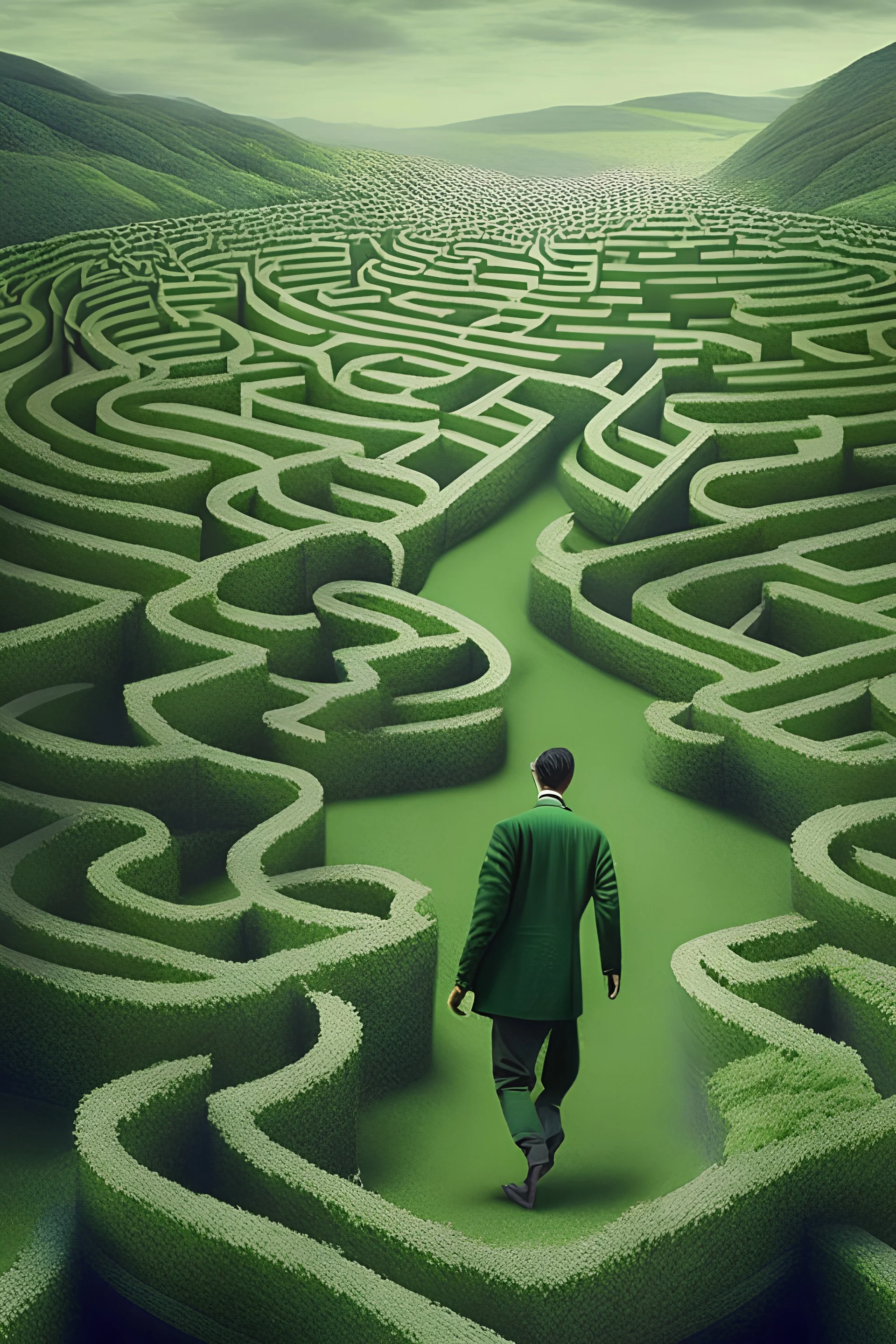 A Syrian man lost in a maze made out of bureaucratic documents. London and the green bountiful hills of England are at the end of the maze, very distant and far away.