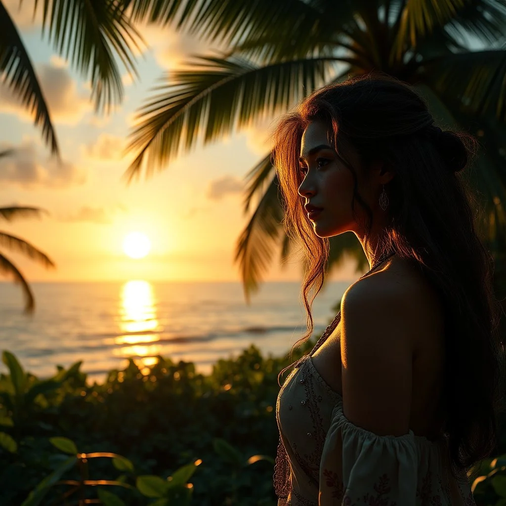 A hyper-realistic,detailed A female , standing in the middle of a lush tropical island, the sun setting in the background. Photo Real, HOF, full size, , design, practicality,manufacturability,performance, (((realism, realistic, realphoto, photography, portrait, , realistic, beautiful, elegant, charming, apocalyptic environment, professional photographer, captured with professional DSLR camera, trending on Artstation, 64k, ultra detailed, ultra accurate detailed, bokeh lighting, surrealism, Thoma