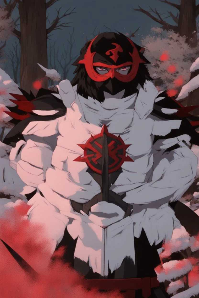 The character, in a striking white armour against a wintry backdrop stands with his hands behind his back inside the scene, he has a red and black circular symbol on his chest like a shield, a black pointed spear with a red handle on his back, His eyes are showing a dynamic expression and he wears a black oni mask with white teeth on it covering the bottom part of his mouth he has brown shoulder pads and a white belt with a bag attached to it. He has dark brown hair, he does not wear a helmet.