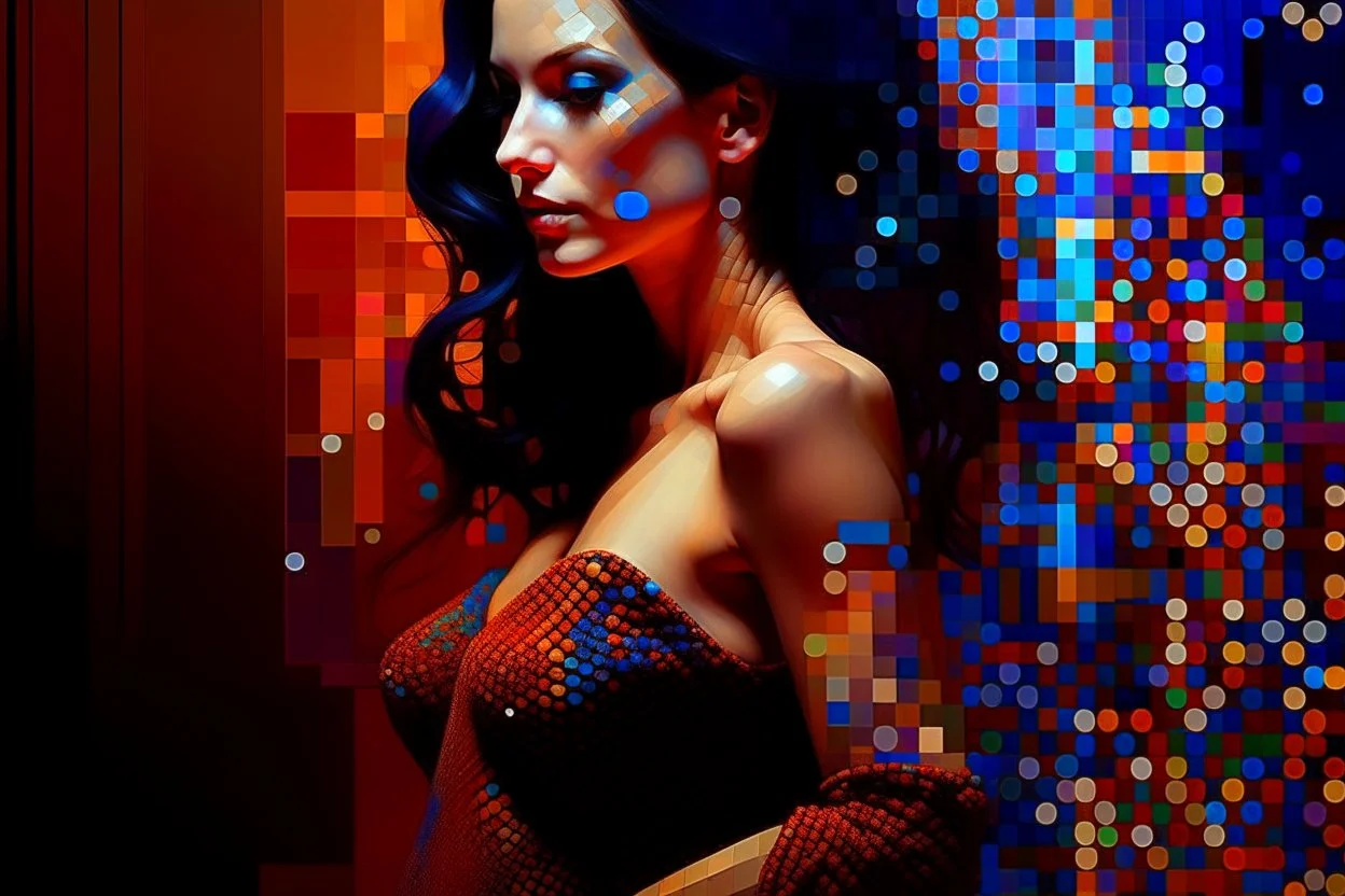 beautiful brunette sensual woman in a body suit, vibrant deep colors abstract minimalism impasto oil atey ghailan Andy Kehoe Jean Baptiste Monge Nagasawa Rosetsu Arthur Adams Hokusai style math art platinum dots concrete art burgundy deep blue golden foil wiring diagram made of dot squares wood stone chopped metal by Norman Rockwell Anton Fadeev krenz cushart disco club deep lighting neon ambience rich light, sequins, glitters, crystal dust, glowing effect rim light, inner glow, volumetric light