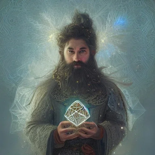 Insanely detailed photograph of an “D&D cleric holding glowing D20” with intricate detailed beard, intricate embroidered clothing, hyperdetailed painting by Ismail Inceoglu Huang Guangjian and Dan Witz CGSociety ZBrush Central fantasy art album cover art,8K, hdr, mysterious, ominous, snowflakes,jolly