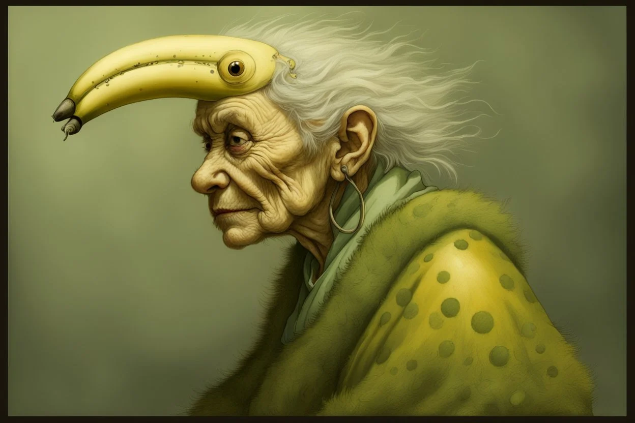 Artist Jean-Baptiste Monge style. A biomorph banana-headed old woman. White eyes. A yellow dotted green furry feathered fluffy dress.