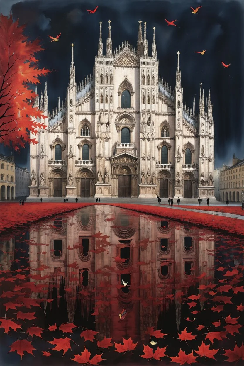 Milan Cathedral. Amanda Clark, Zdzisław Beksiński, Jacek Yerka and Yossi Kotler style mix, surreal whimsical autumn landscape, watercolor- fall foliage is almost over. A beautiful red maple clings to the last of its leaves and a flock of small birds nestled on its branches, watercolour and ink illustration, wet-on-wet, loose water effects, white, red and golden paint splatter, voronoi pattern, richly textured, fluffy clouds, beautiful vibrant colors, opalescent gradient. Modifiers: intricate bea