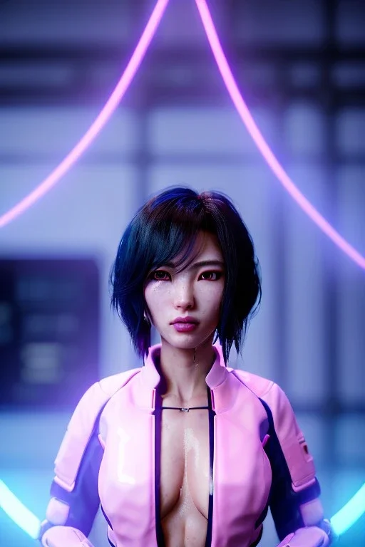 portrait, Asian cyborg woman, ghost in the shell style :: symmetry photography, cyberpunk, pink hair, makeup, long line eye, light iris, :: latex coat, japanese traditional pattern, wires and circuits, pink, white, black :: cinematic, Ultra realistic, dark scene, soft color, highly detailed, unreal engine 5, RTX, ultra detail, 3d, finely drawn, high definition.