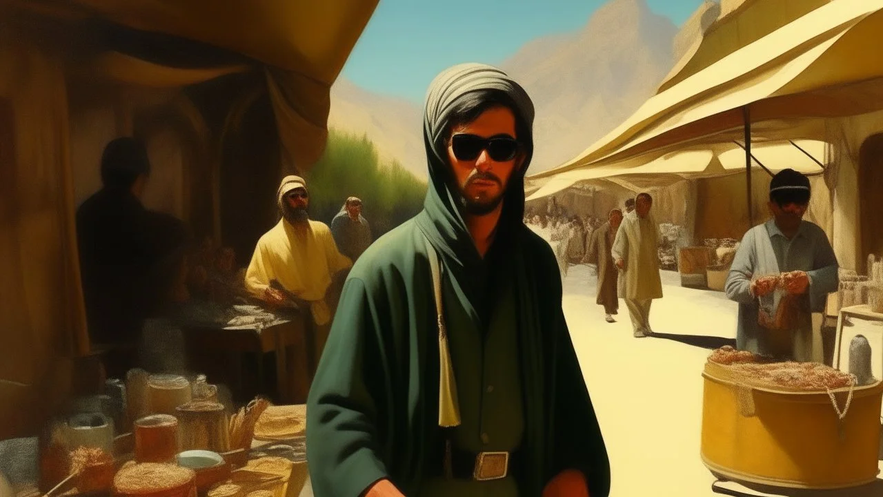 takistan life, oil painting. dr arab cover 1970, far perspective dnd style. sunglasses. marketplace, shooting food.