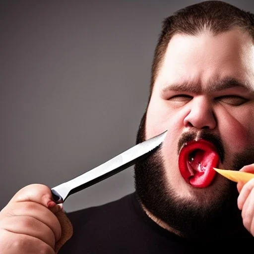 fat guy licking a knife, edgy expressive, angry pouty face, light facial hair full beard