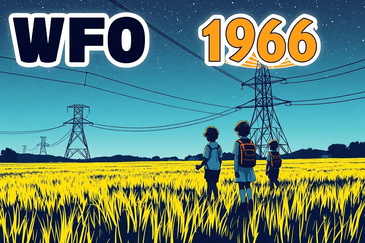 bumper sticker design, westall in bold heading text ufo 1966, lots of school children looking up in a field with high voltage powerline and gumtree's, mysterious cool, bold