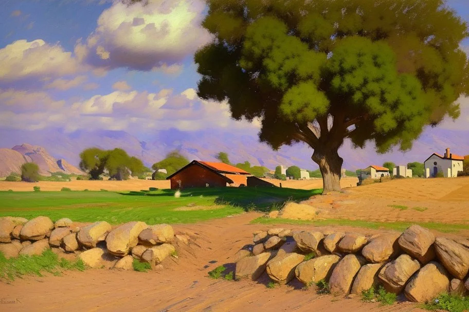 sunny day, clouds, rocks, trees, mountains, countryside, dirt road, adobe old house, gustave caillebotte and pieter franciscus dierckx impressionism paintings