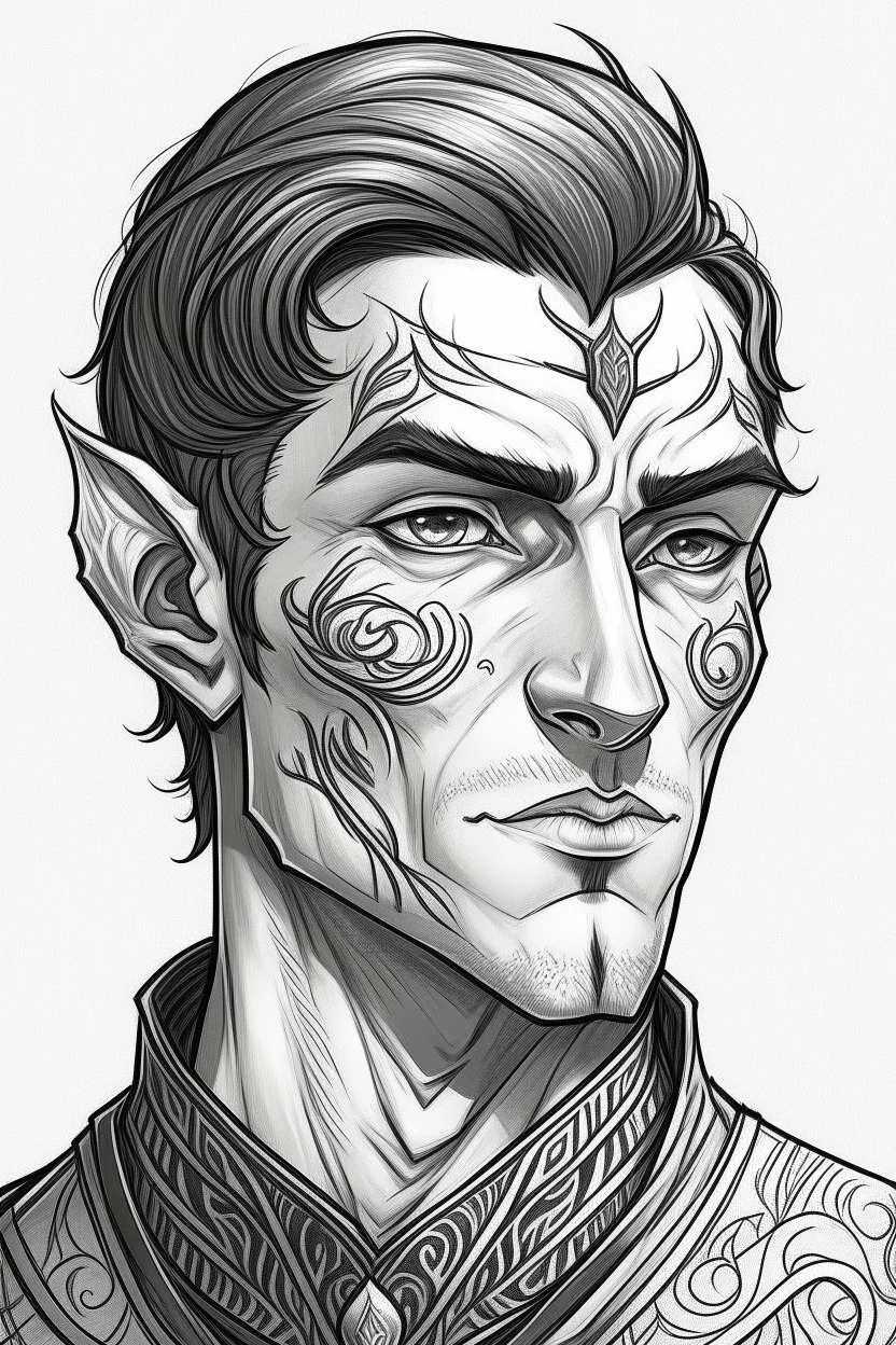 Portrait of male half-elf with short hair, tatooes on his face, Frank Cho style
