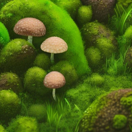 microphotography mushroom growing in a mossy dense lush green woods, high definition, detail, HD, 8k, realistic, 3d rendering, blender, photography, fisheye, bulge, tilt shift blur