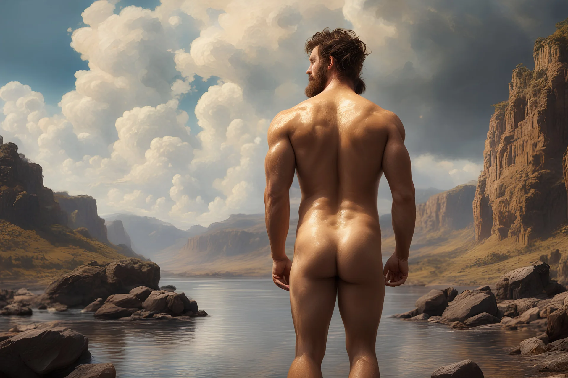 4K realistic high-detail photography of a full detail body skin gold dust wet view of handsome guy naked muscular bearded British backview, Clouds, cliffs, EDEN river, rocks, philosophic and trascendent, cosmic infinite influence, mountains, charles leickert, henry luyten, and walter leistikow impressionism paintings, by sergei Parajanov movie