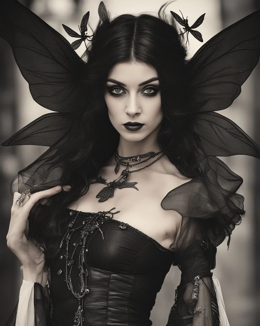 gothic, steampunk delicate mefull-length, young woman dressed like a modern-day witch, with dark hair, outside a shoptal woman, dragonfly, wings, black background