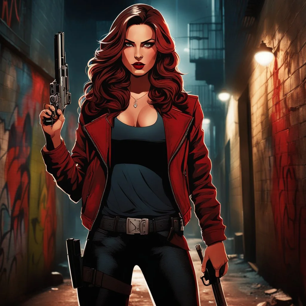 A bold woman with long, cascading brown hair and striking red eyes, exuding a 'bad girl' vibe, confidently holding a gun. She stands in a gritty modern American back alley, surrounded by graffiti-covered walls and dimly lit streetlights. The scene captures an atmosphere of tension and attitude, with shadows casting dramatic effects on her determined expression and stylish outfit. realistic anime style