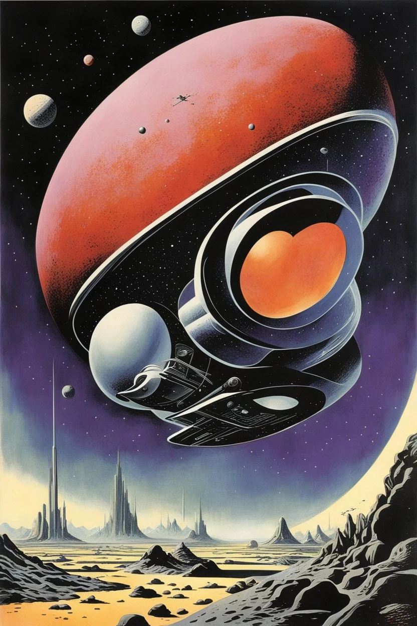 by Norman Bel Geddes, space opera, futuristic surrealism, weird, color ink illustration, dark spacy colors.