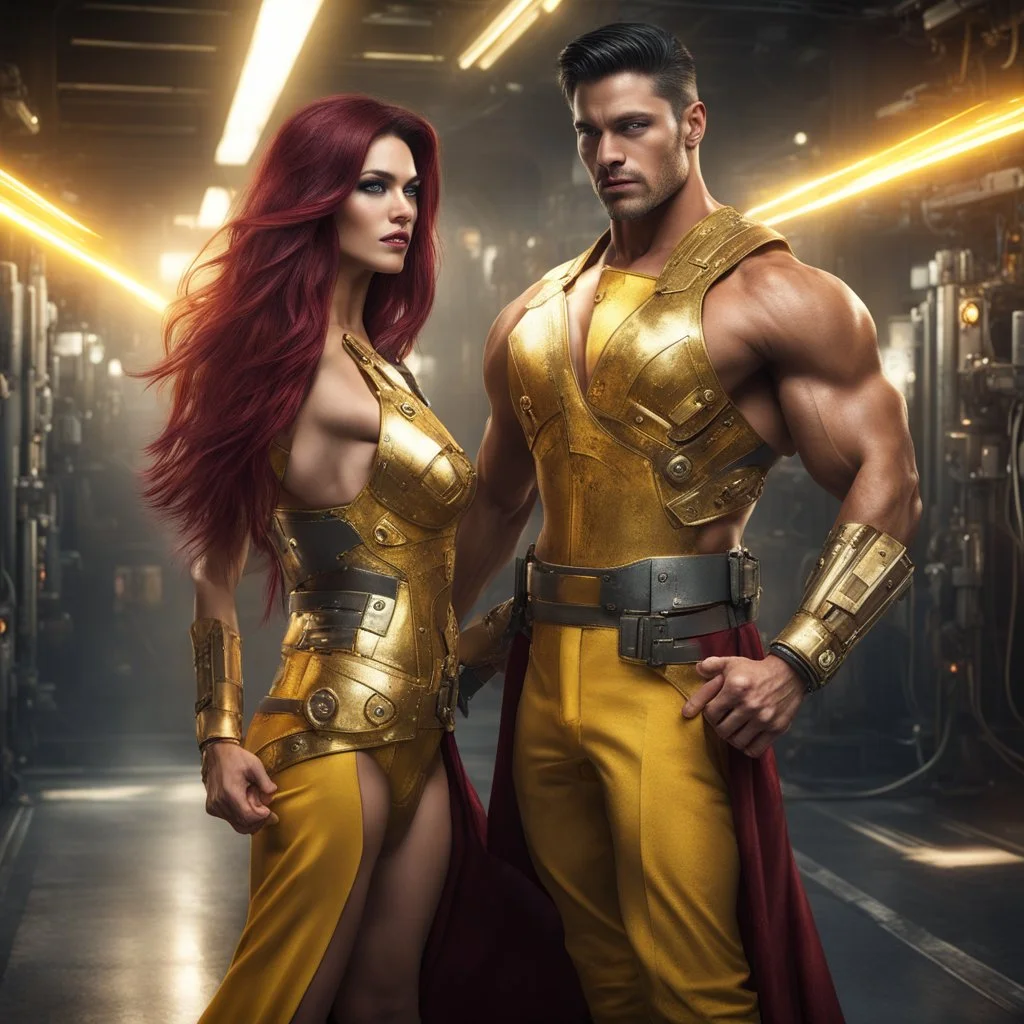 Hyper Realistic handsome muscular man with-short-black-hair & a soul patch wearing golden-tuxedo & cybernetic armor utility belt has weapons on it dancing with a beautiful-lady-with-long-maroon-hair wearing-velvet-yellow-gown in an underground control room with circuit-board, electrical-sparks, cinematic & dramatic ambiance"