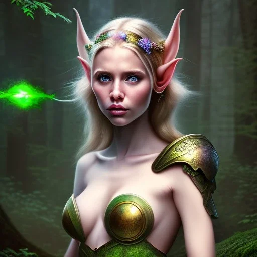 romantic fantasy spray painting, portrait of cute green eyed blonde robed elf poet sitting in huge marble teacup, loosing torch in magical forest, foliage frame