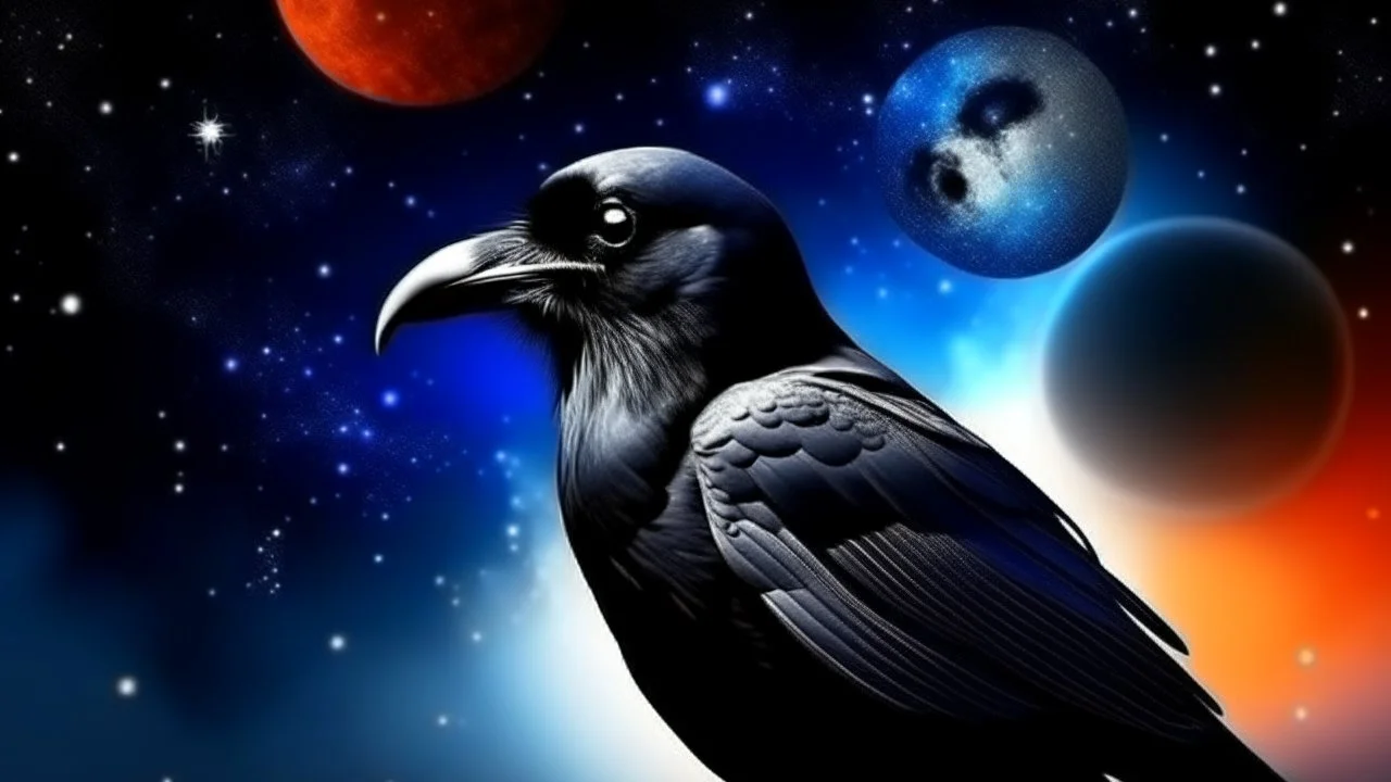 Crow in a space an the background of planets