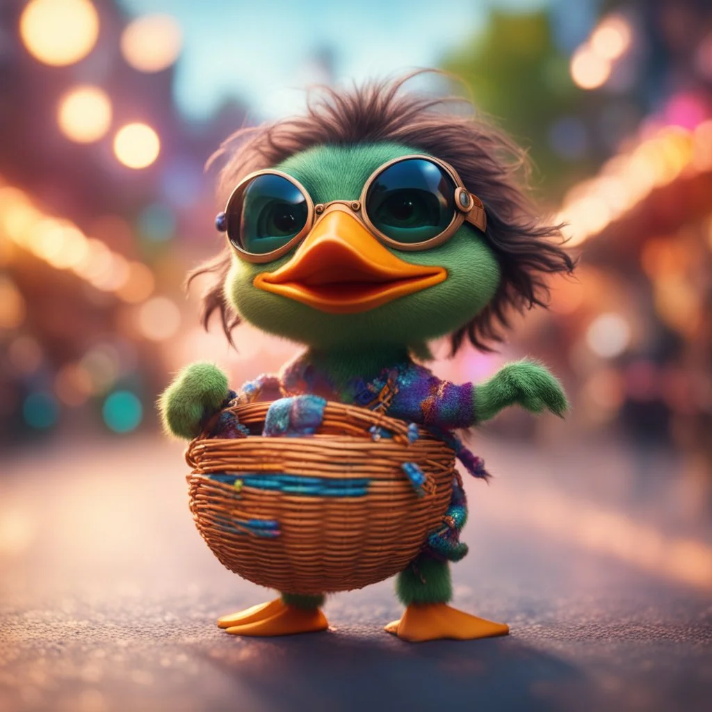 long Linda Berget as hairy groove funk ninja duck gremlin hippie holding disco ball like a basket ball,bokeh like f/0.8, tilt-shift lens 8k, high detail, smooth render, down-light, unreal engine