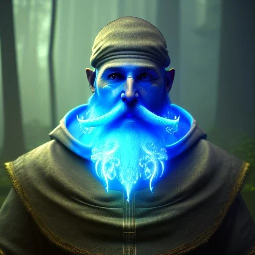 medium close up of blue robed monk with beard, torches, fantasy concept art, dynamic lighting, mist creature, Intricately detailed, Splash screen art, deep color, Unreal Engine, volumetric lighting, blue flowers, moss, leather, creek, flowing water, fantasy dark forest artwork,back light