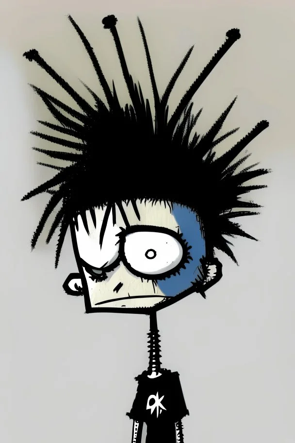 2d drawing of a stickman, cool with punk hair, x eyes like in hangman, slightly looking over shoulder, 3d realistic in colour