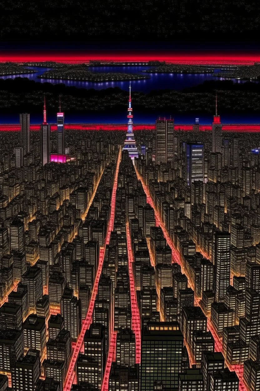 birds eye view of tokyo at nigh in the style of hiroku ogai