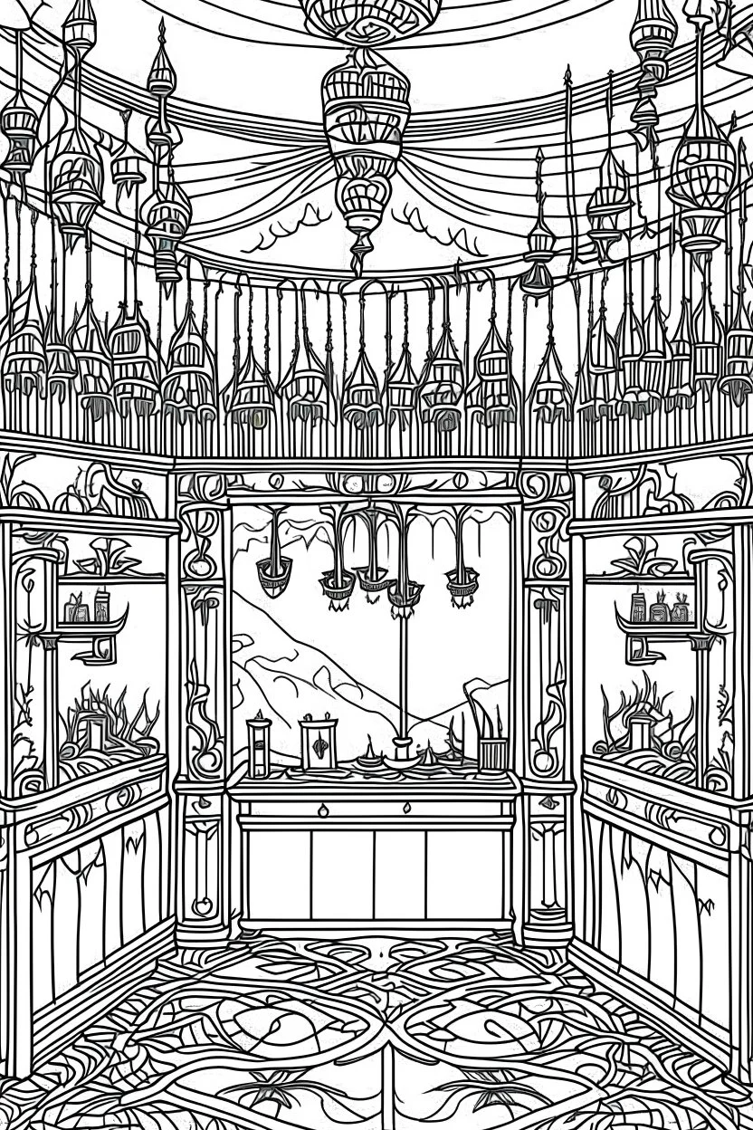 A vampire's lair with coffins, candles, and bats hanging from the ceiling.. Outline, sketch style, only use outline, mandala style, clean line art, white background, no shadows, no clear wall, coloring page.